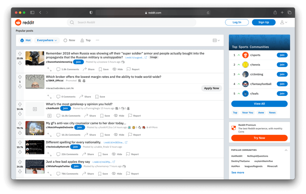 reddit homepage