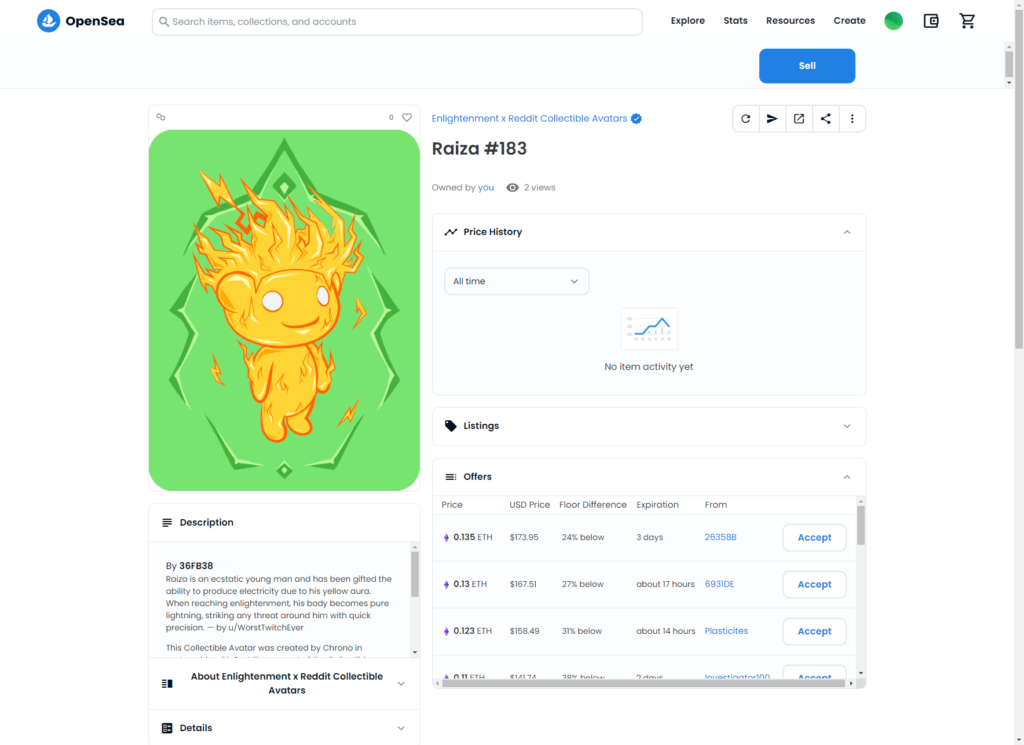 sell reddit avatar on opensea